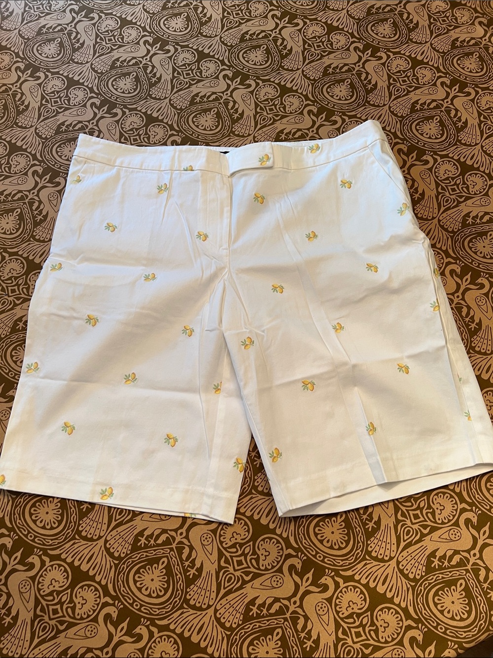 Talbots White Cotton Bermuda Shorts with Yellow Lemon Embroidery